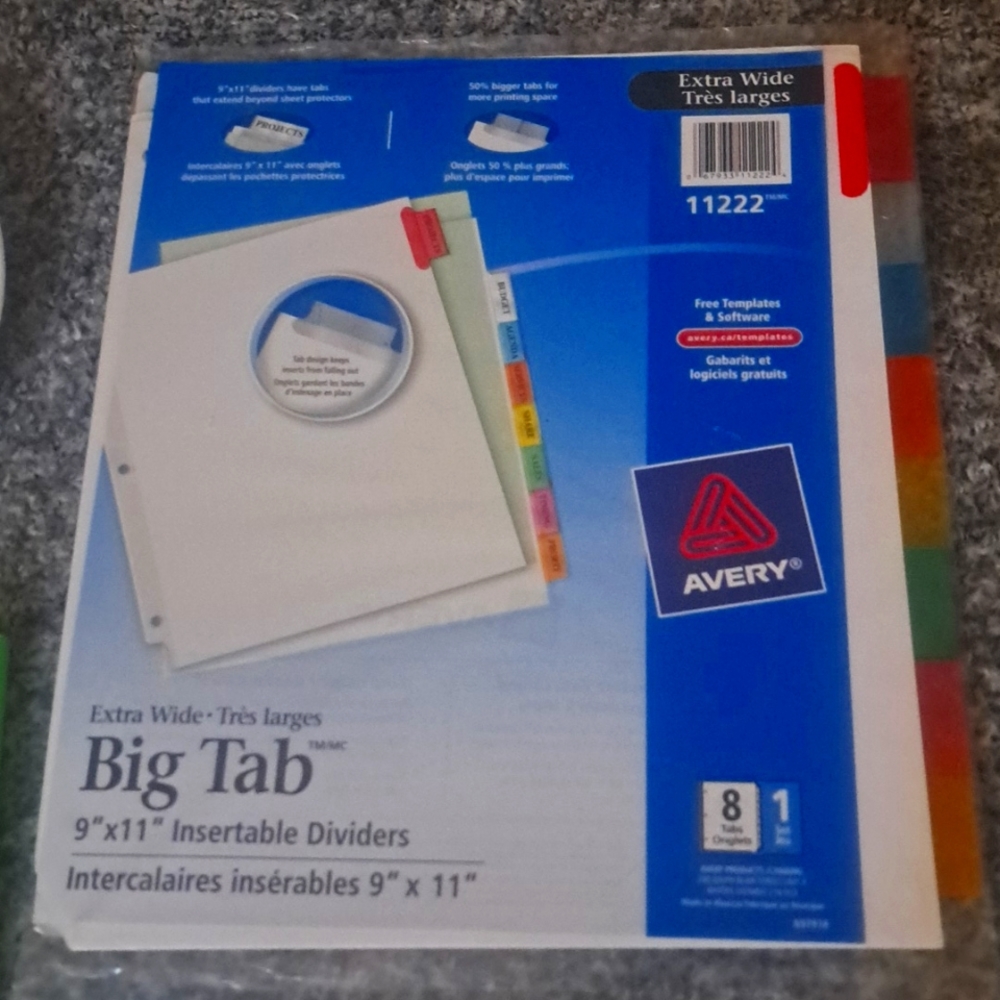 Extra Wide Big Insertables Dividers. Tab bty AVERY 9"X11"